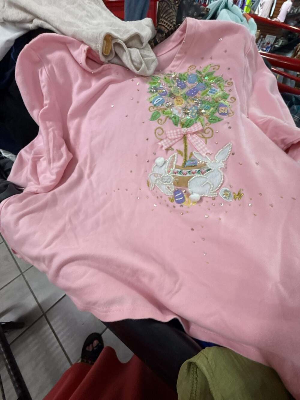 Quacker Factory Easter Bunny & Tree Embroidered Sequined Pink Top